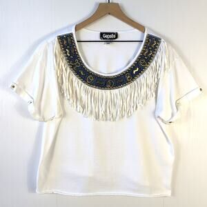 Vintage Gepetto Beaded Fringe Zodiac T-Shirt Women’s Large White Western USA